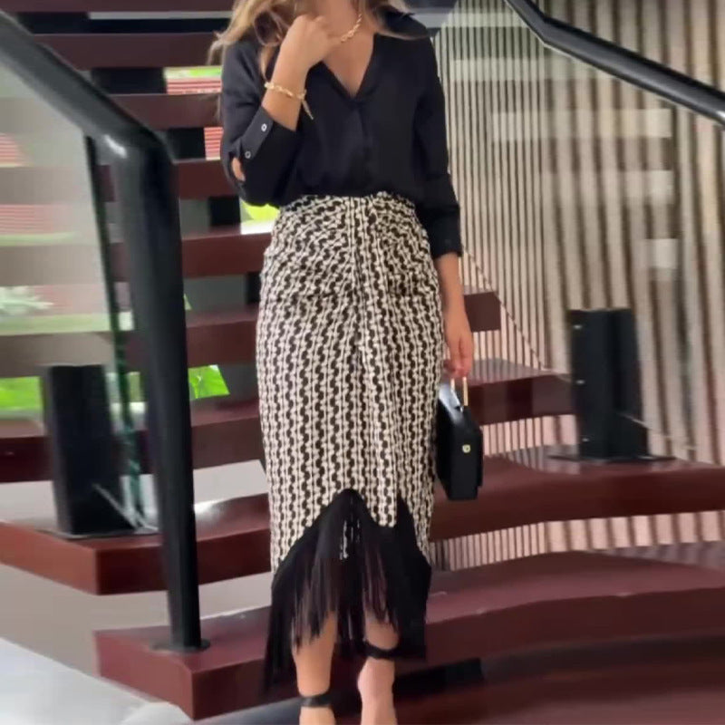 Solid Color Temperament Shirt Top High Waist Skirt Two-piece Set For Women