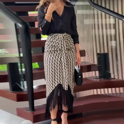Solid Color Temperament Shirt Top High Waist Skirt Two-piece Set For Women