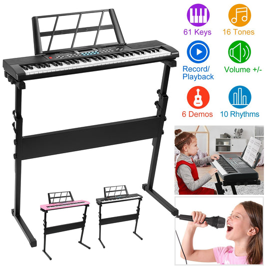 Electronic keyboard with stand and accessories on a white background