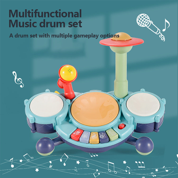 Multifunctional music drum set with toy microphone on a teal background