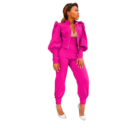 Solid Color Puff Sleeve Zip High Waist Pants Two Piece Set