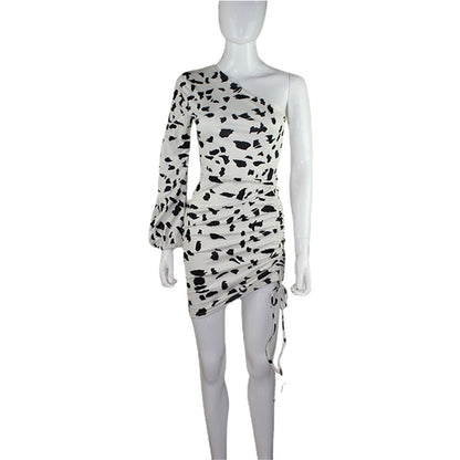 Women's Clothing Socialite Cows Pattern Skirt Slim-fit Oblique Shoulder Dress