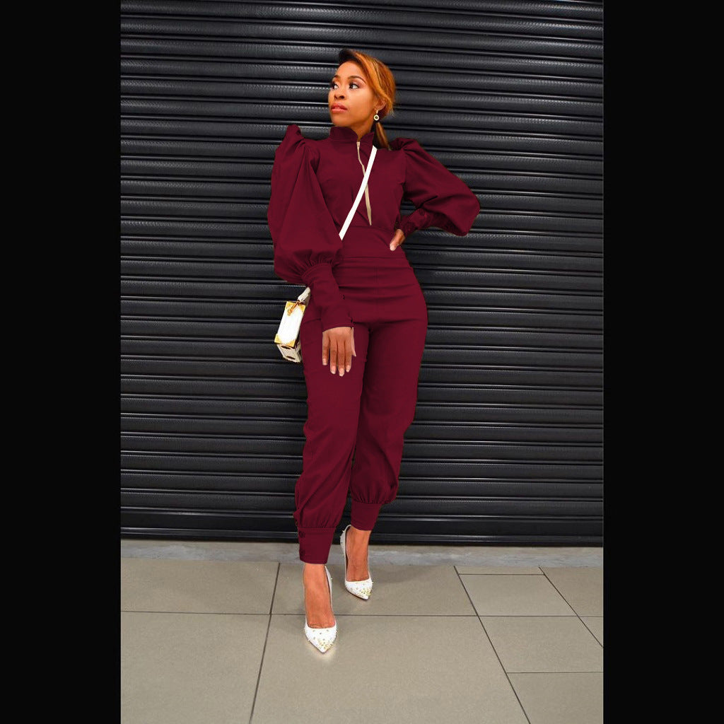 Solid Color Puff Sleeve Zip High Waist Pants Two Piece Set