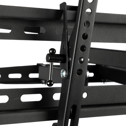 Close-up of a black TV mount bracket on a white background