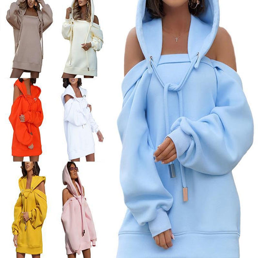 Solid color stitching off-shoulder long-sleeved sweater