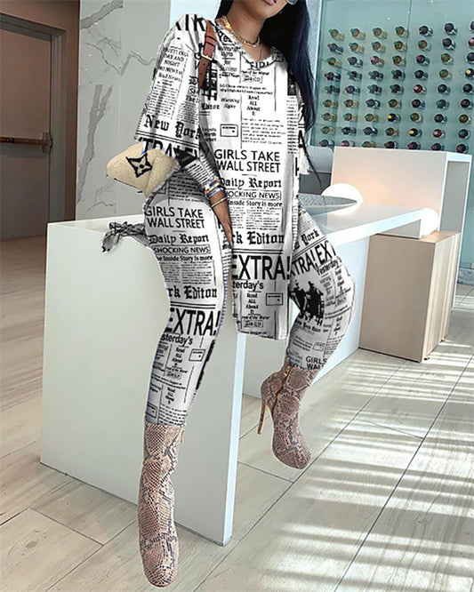 Women's Newspaper Print Long-sleeved Trousers Two-piece Suit