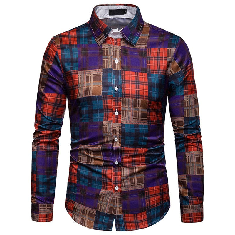Printed long-sleeved shirt fashion lapel plaid casual shirt