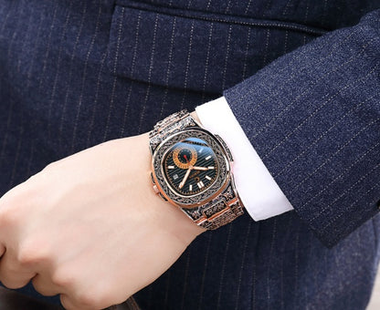 Rose Carved Steel Band Quartz Watch