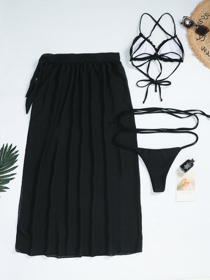 New Solid Color Bikini Chiffon Cover Skirt Strap Swimsuit Set
