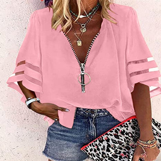 V-neck Zipper Shirt Half Bell Sleeve Mesh Stitching Shirt