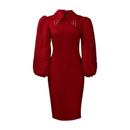 Women's Clothing Spring And Autumn Long Sleeve Large Size Sheath Beaded Mesh Stitching Ol Pencil Skirt