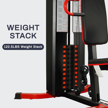 Fitness machine with weight stack labeled '122.5LBS Weight Stack' on a white background