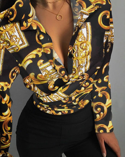 Loose Long Sleeve V Neck Print Ladies Shirt Shirt Women