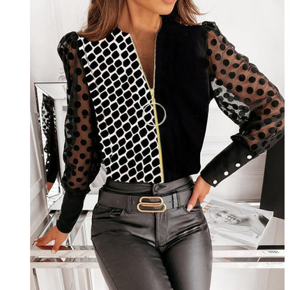 V Neck Stitching Long Sleeved T Shirt Top Chiffon Shirt