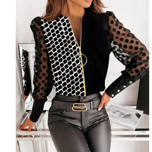 V Neck Stitching Long Sleeved T Shirt Top Chiffon Shirt
