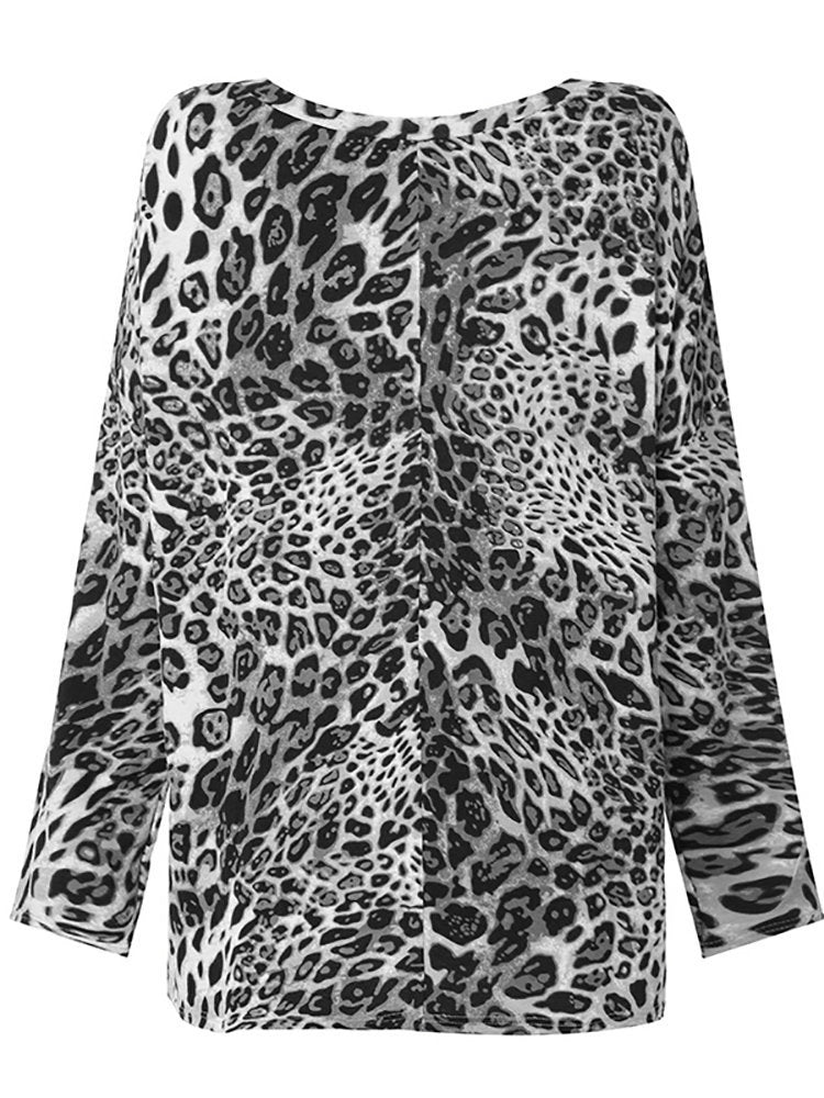 Leopard Print Casual V-Neck Top Long Sleeve Blouse