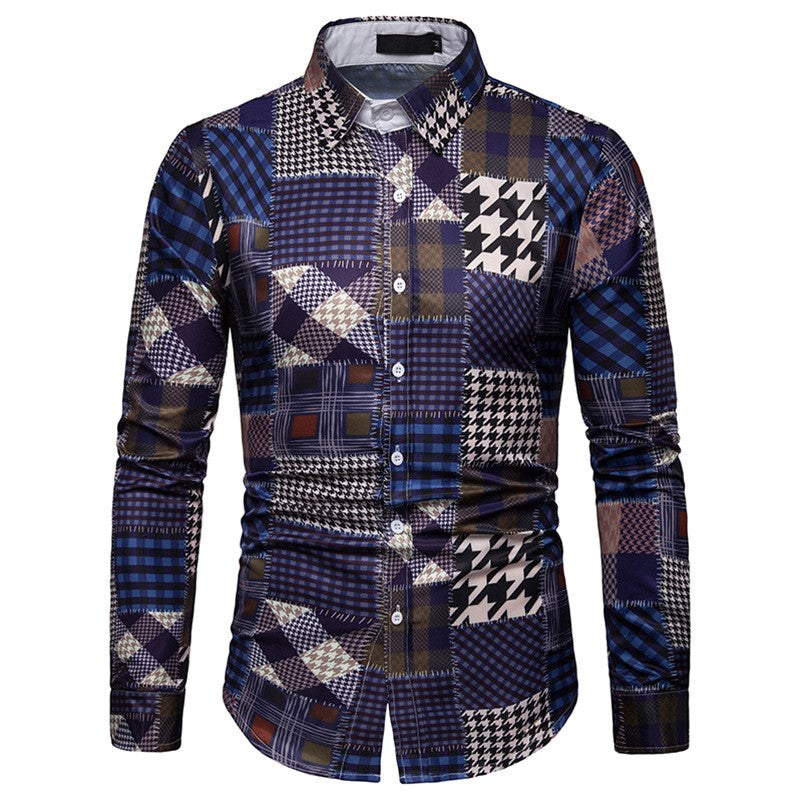 Printed long-sleeved shirt fashion lapel plaid casual shirt