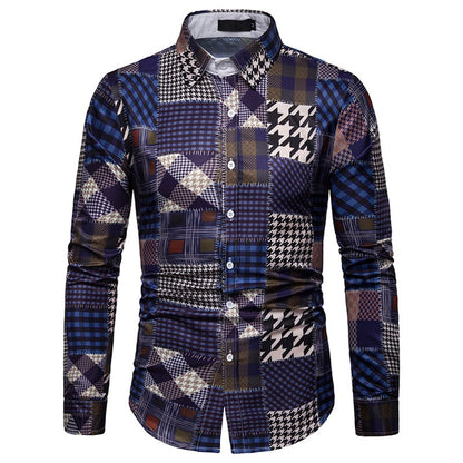 Printed long-sleeved shirt fashion lapel plaid casual shirt