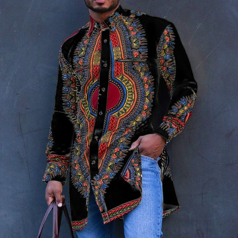 National Style Digital Print Shirt Mid-length Shirt