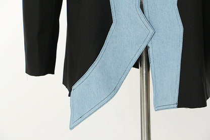 Autumn New Denim Stitching Asymmetric Suit Jacket