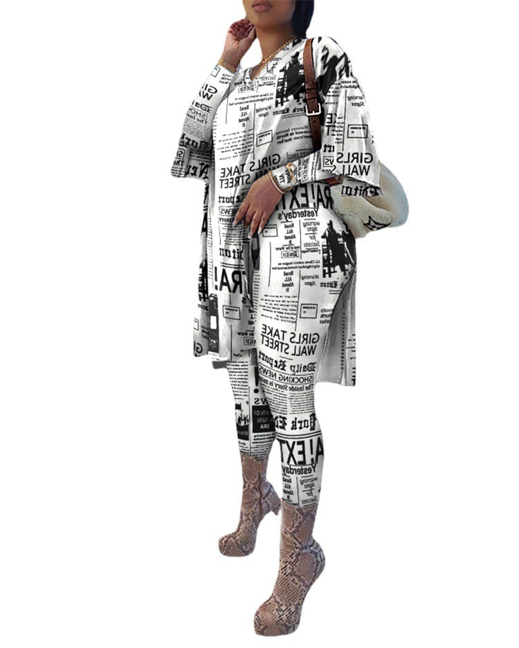 Women's Newspaper Print Long-sleeved Trousers Two-piece Suit