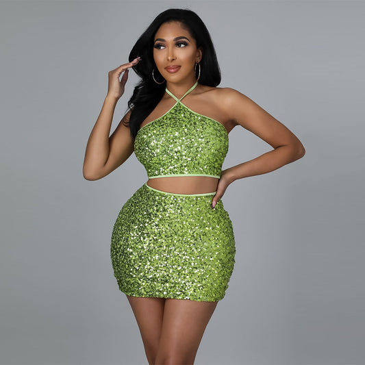Two-piece Suit With Halter Neck Tie Short Top And Skirt