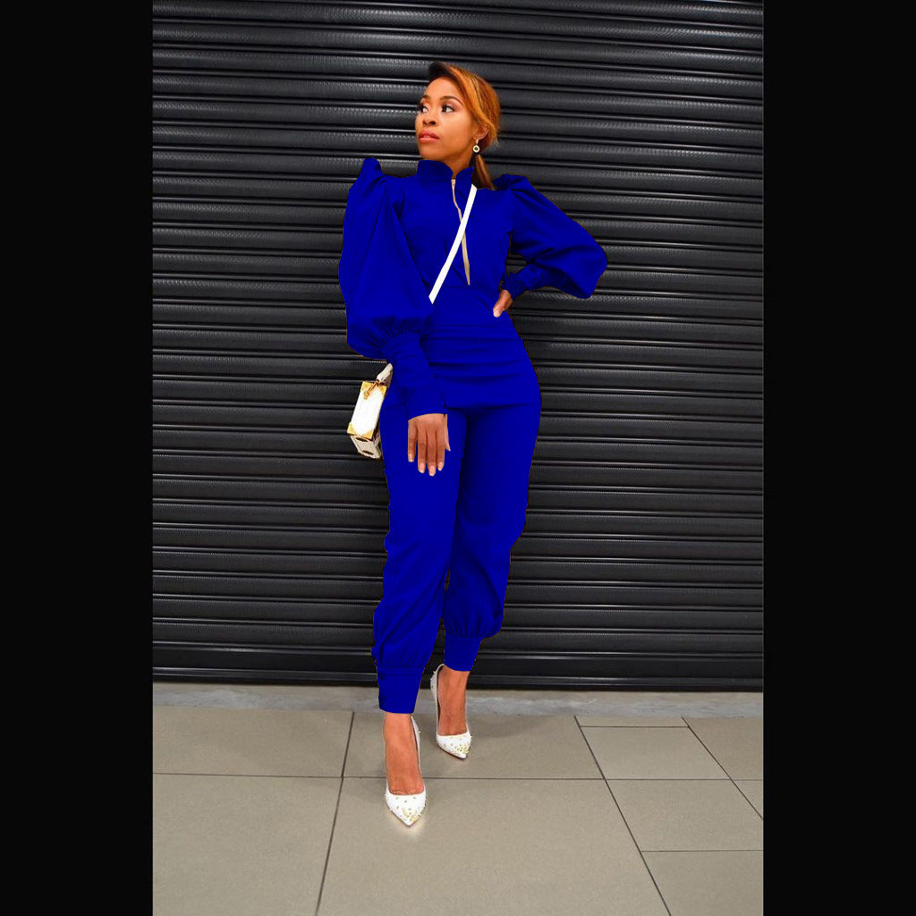 Solid Color Puff Sleeve Zip High Waist Pants Two Piece Set