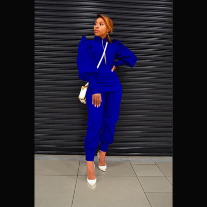 Solid Color Puff Sleeve Zip High Waist Pants Two Piece Set