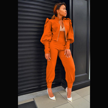 Solid Color Puff Sleeve Zip High Waist Pants Two Piece Set
