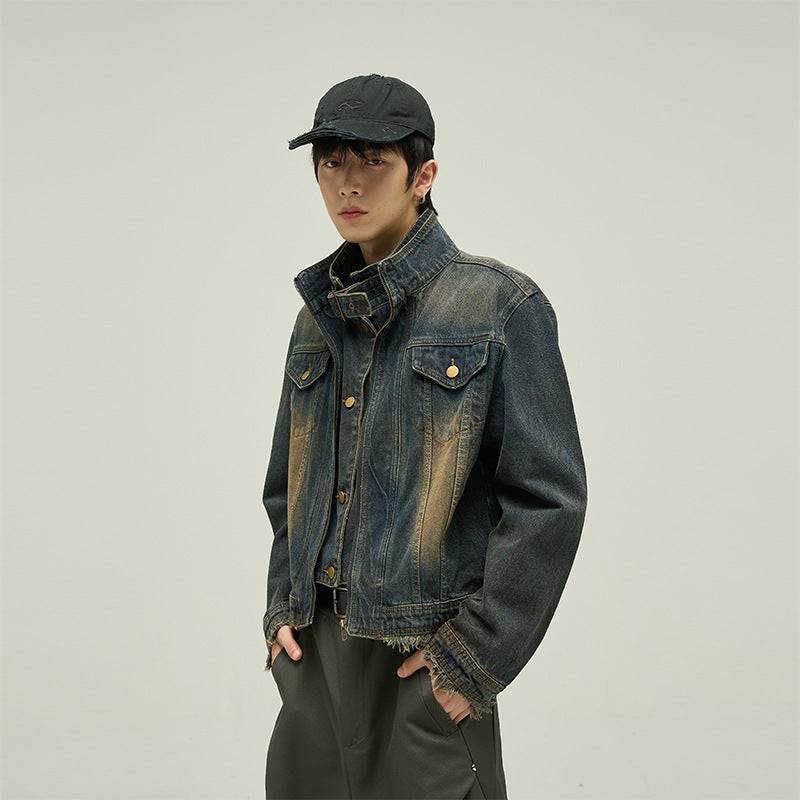 Fake Two-piece Motorcycle Denim Coat Men's Washed Distressed Jacket