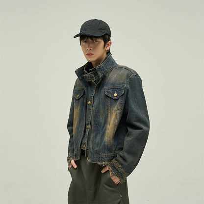 Fake Two-piece Motorcycle Denim Coat Men's Washed Distressed Jacket