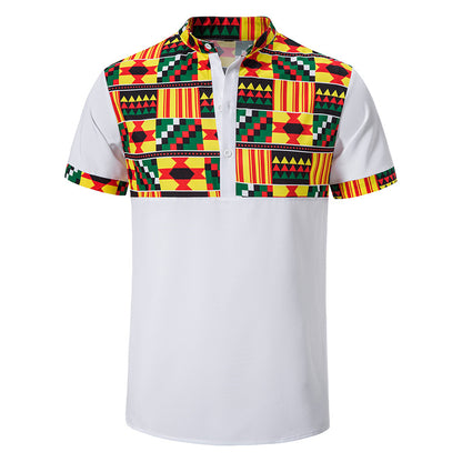 Summer New Men's Shirt African Print Stitching Design Short Sleeve Button Shirt Stand Collar Big Happy Shirt