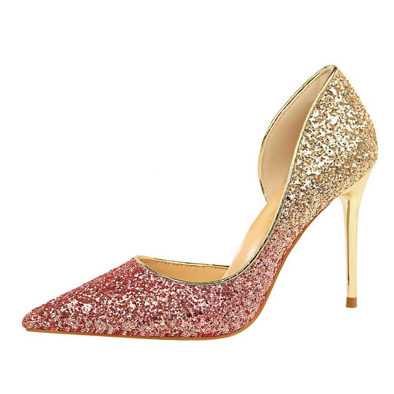 Kristal hoëhakskoene vir vroue se stiletto-hakgradiënt Blou sequined partytjieskoene