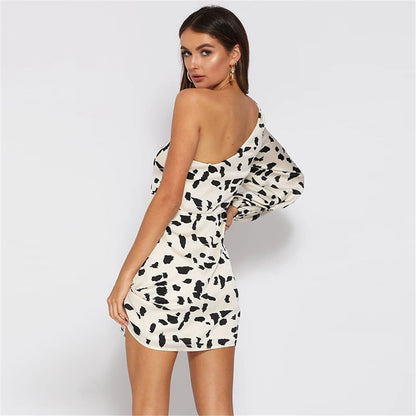 Women's Clothing Socialite Cows Pattern Skirt Slim-fit Oblique Shoulder Dress