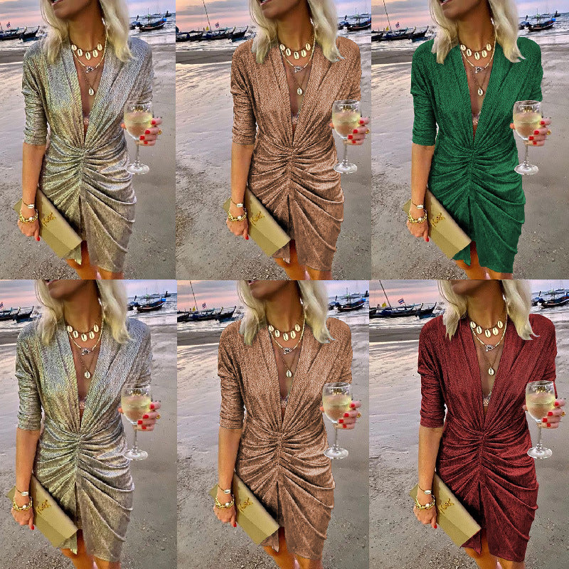 Stretch Long Sleeve V-neck Nightclub Dress Women's Clothing