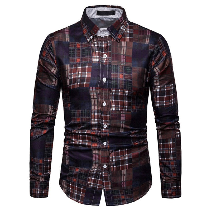 Printed long-sleeved shirt fashion lapel plaid casual shirt