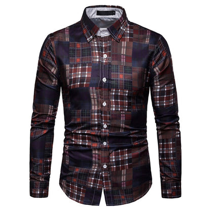 Printed long-sleeved shirt fashion lapel plaid casual shirt
