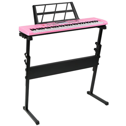 Pink keyboard on a black stand with music stand on a white background
