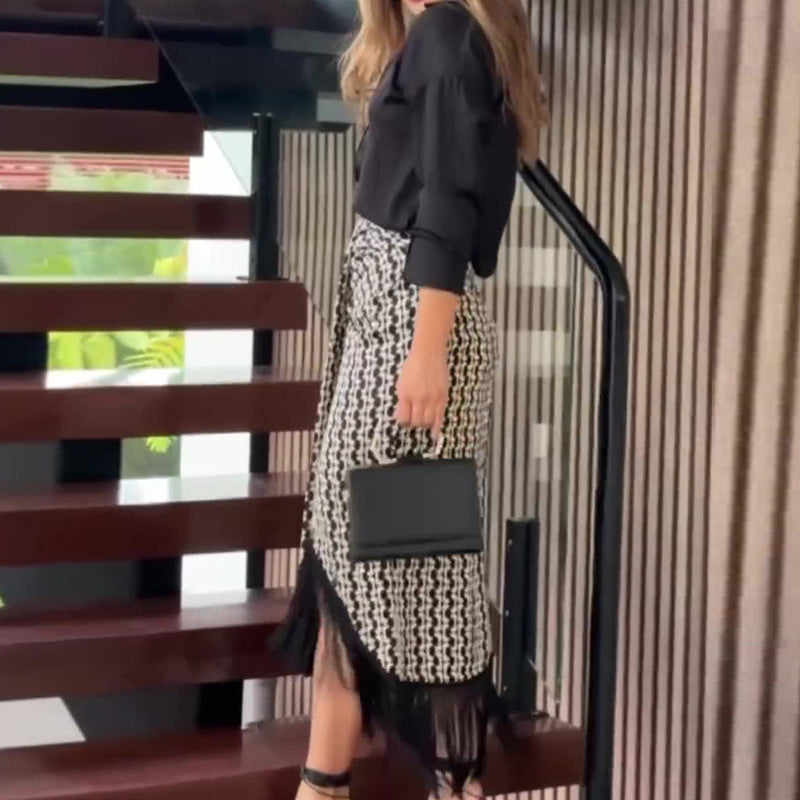Solid Color Temperament Shirt Top High Waist Skirt Two-piece Set For Women