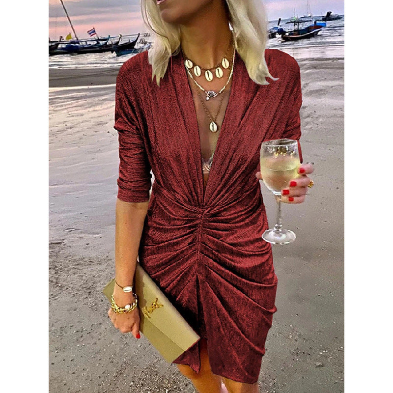 Stretch Long Sleeve V-neck Nightclub Dress Women's Clothing