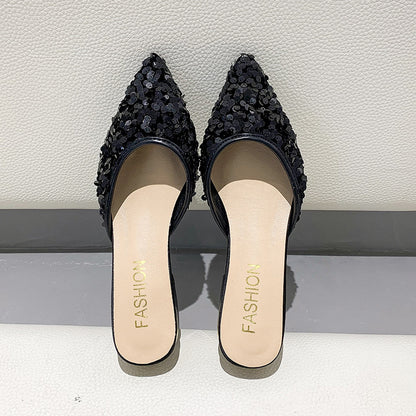 Sequined Half Slippers Pointed Toe Thick Heel Low Heel Women Shoes