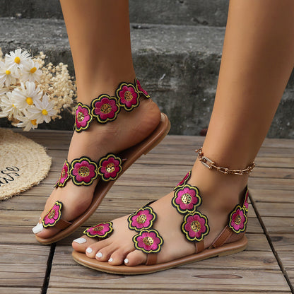 Etniese Styl Blomme Plat Sandale Somer Vakansie Toevallige Clip Toe Strandskoene Vir Vroue