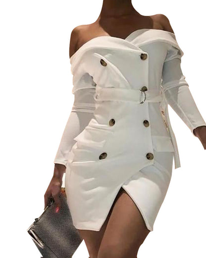 Off-the-shoulder long-sleeved beige dress
