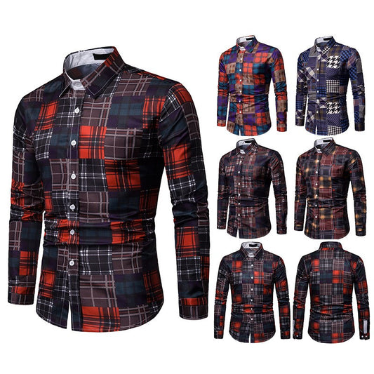 Printed long-sleeved shirt fashion lapel plaid casual shirt