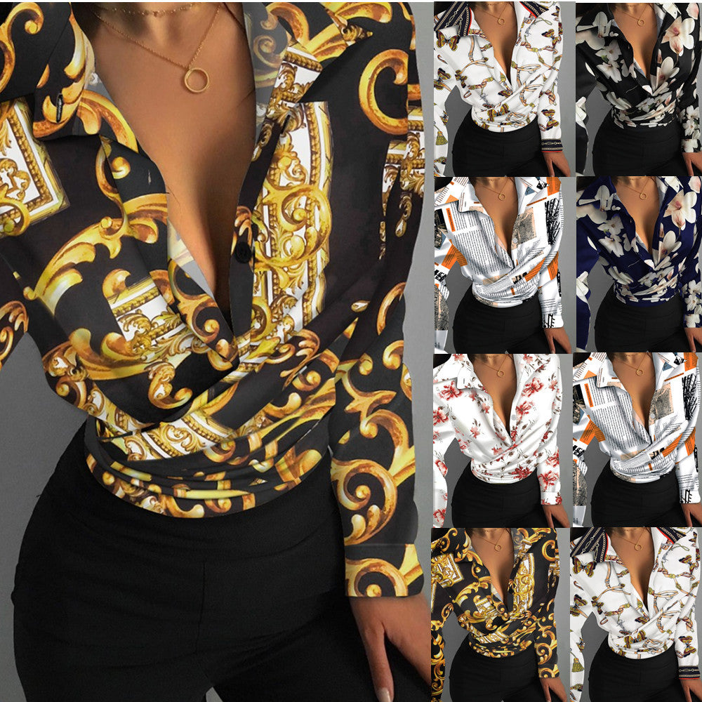 Loose Long Sleeve V Neck Print Ladies Shirt Shirt Women
