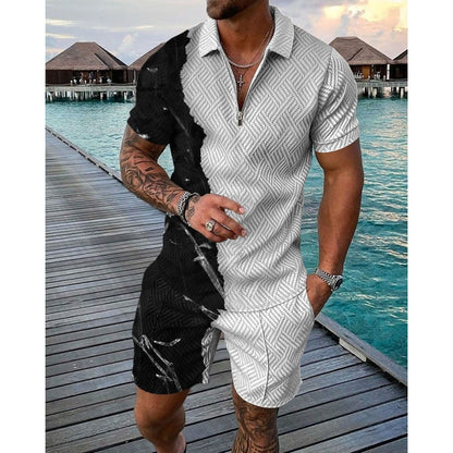 Men's Casual Striped Zip Short Sleeve Suit