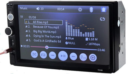 Car multimedia player with touchscreen display showing music player interface