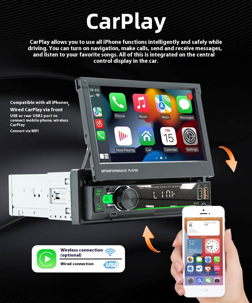 Car stereo system with CarPlay integration on a black background