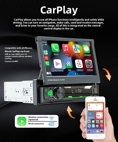 Car stereo system with CarPlay integration on a black background