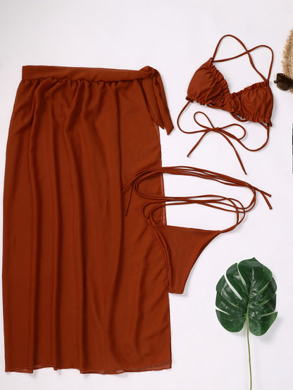 New Solid Color Bikini Chiffon Cover Skirt Strap Swimsuit Set
